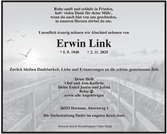 Traueranzeige von Erwin Link von Ostfriesischer Kurier