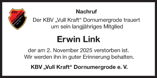 Traueranzeige von Erwin Link von Ostfriesischer Kurier