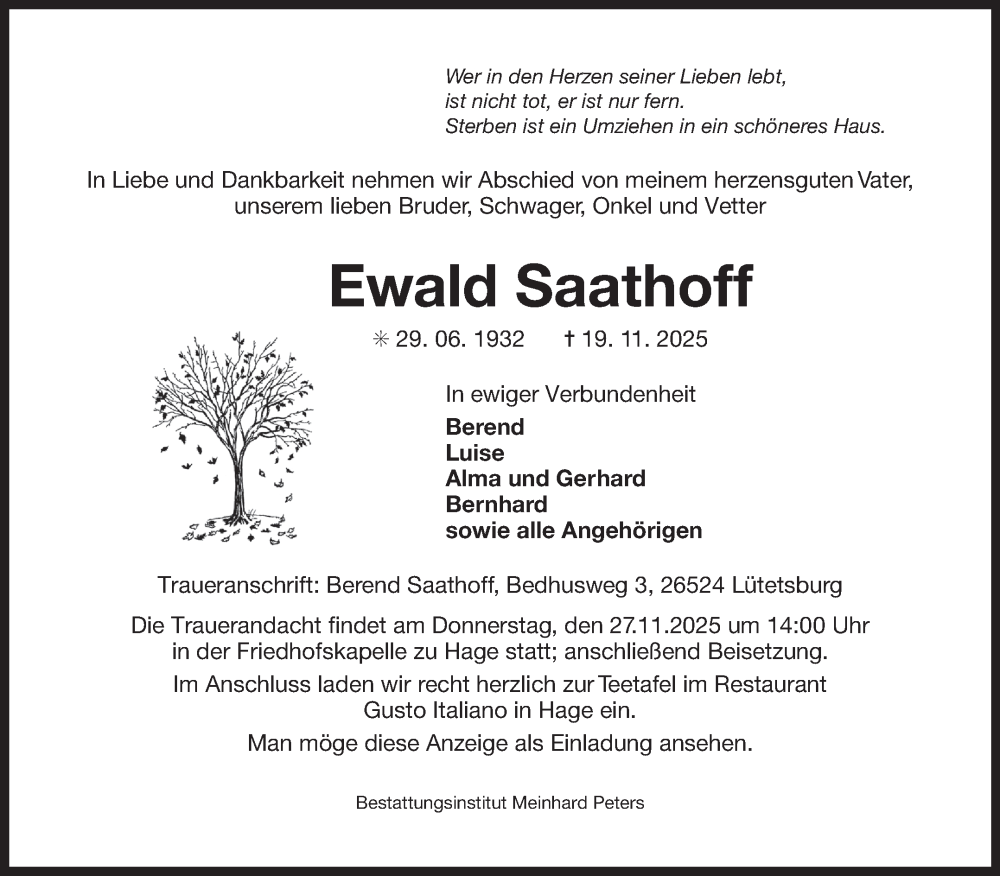  Traueranzeige für Ewald Saathoff vom 25.11.2025 aus Ostfriesischer Kurier