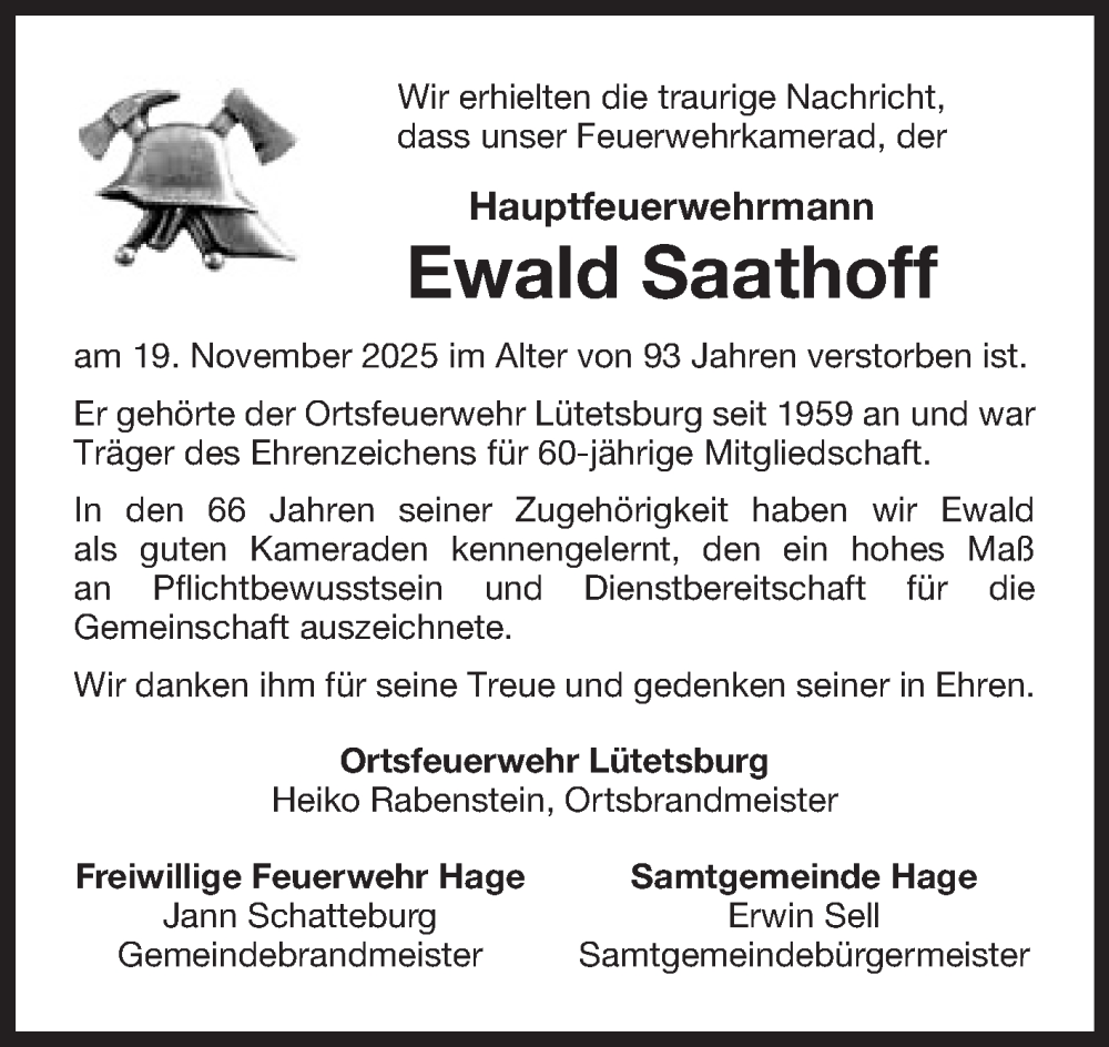 Traueranzeige für Ewald Saathoff vom 26.11.2025 aus Ostfriesischer Kurier