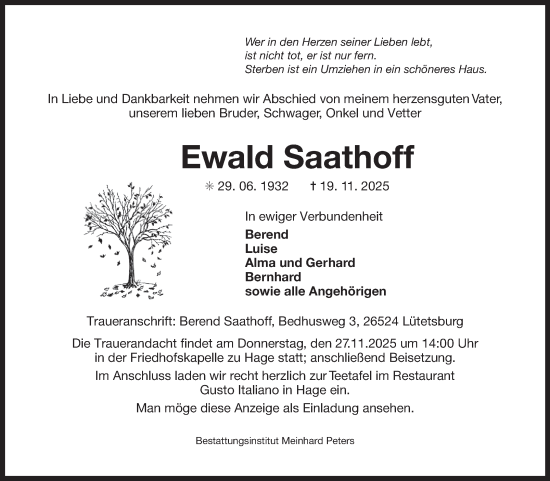 Traueranzeige von Ewald Saathoff von Ostfriesischer Kurier