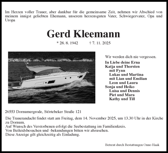 Traueranzeige von Gerd Kleemann von Ostfriesischer Kurier
