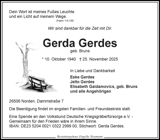 Traueranzeige von Gerda Gerdes von Ostfriesischer Kurier