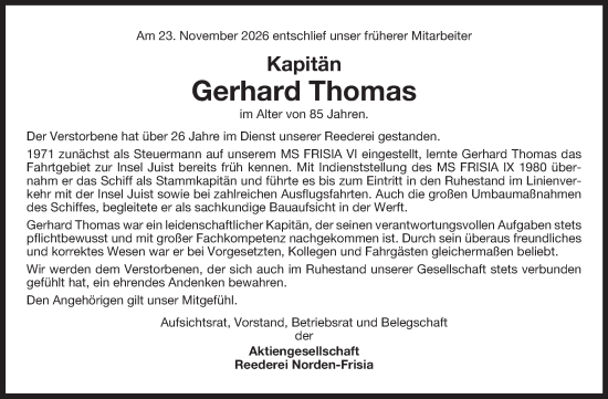 Traueranzeige von Gerhard Thomas von Ostfriesischer Kurier