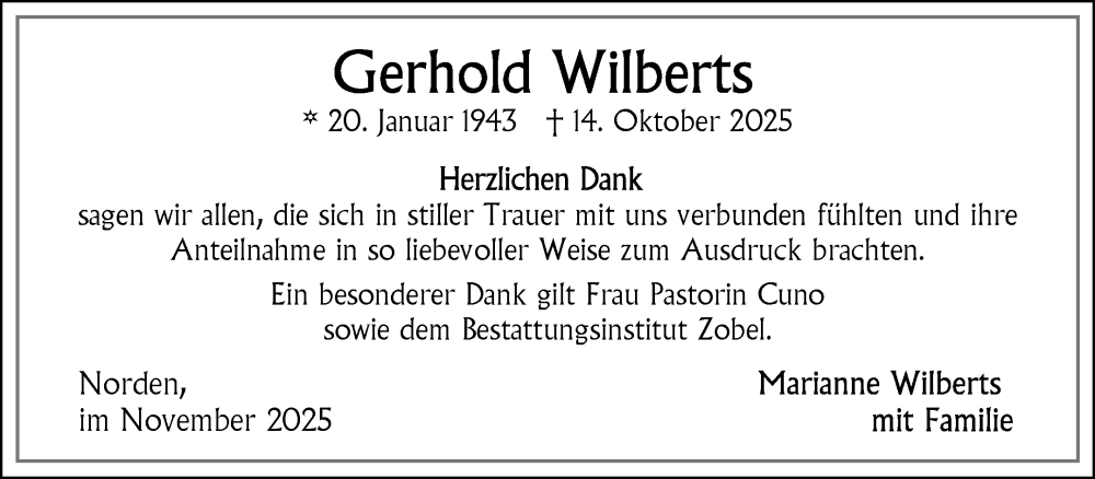  Traueranzeige für Gerhold Wilberts vom 29.11.2025 aus Ostfriesischer Kurier