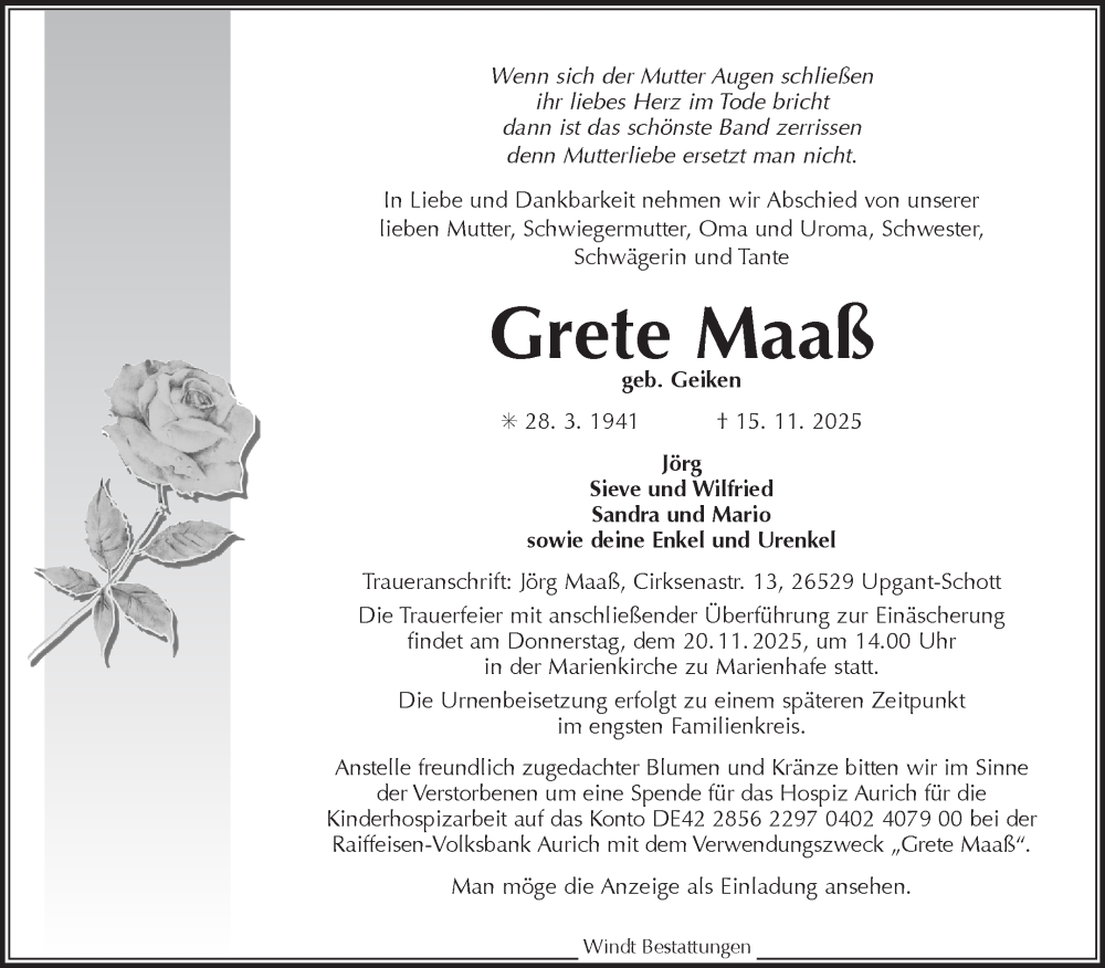  Traueranzeige für Grete Maaß vom 18.11.2025 aus Ostfriesischer Kurier