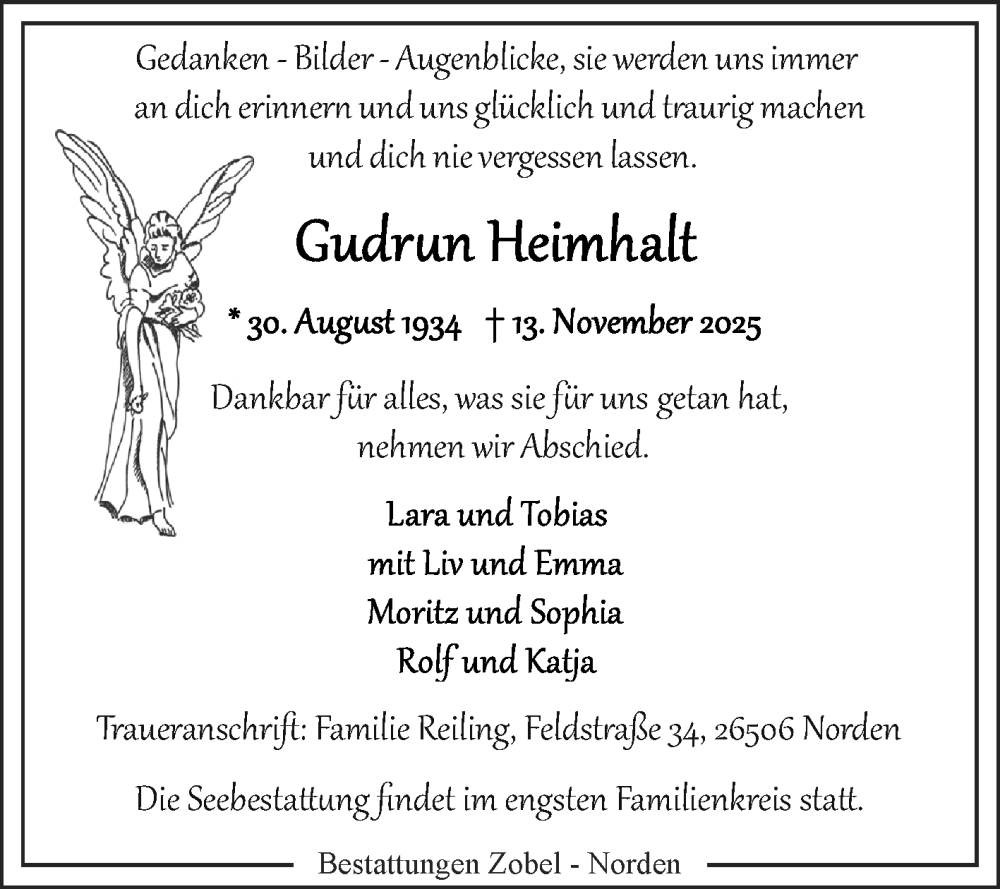  Traueranzeige für Gudrun Heimhalt vom 22.11.2025 aus Ostfriesischer Kurier