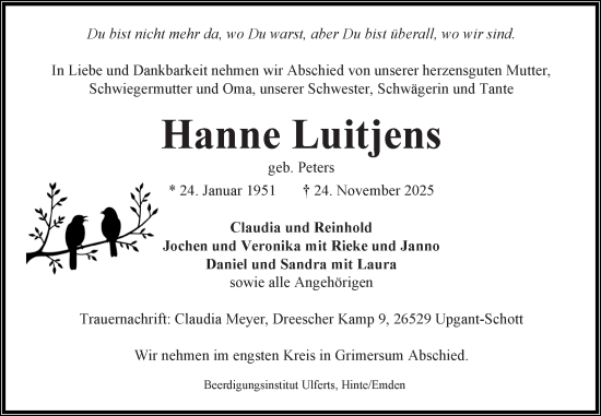 Traueranzeige von Hanne Luitjens von Ostfriesischer Kurier