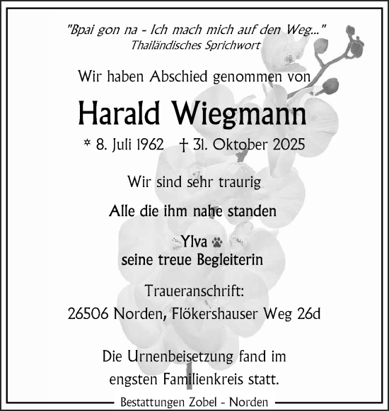 Traueranzeige von Harald Wiegmann von Ostfriesischer Kurier