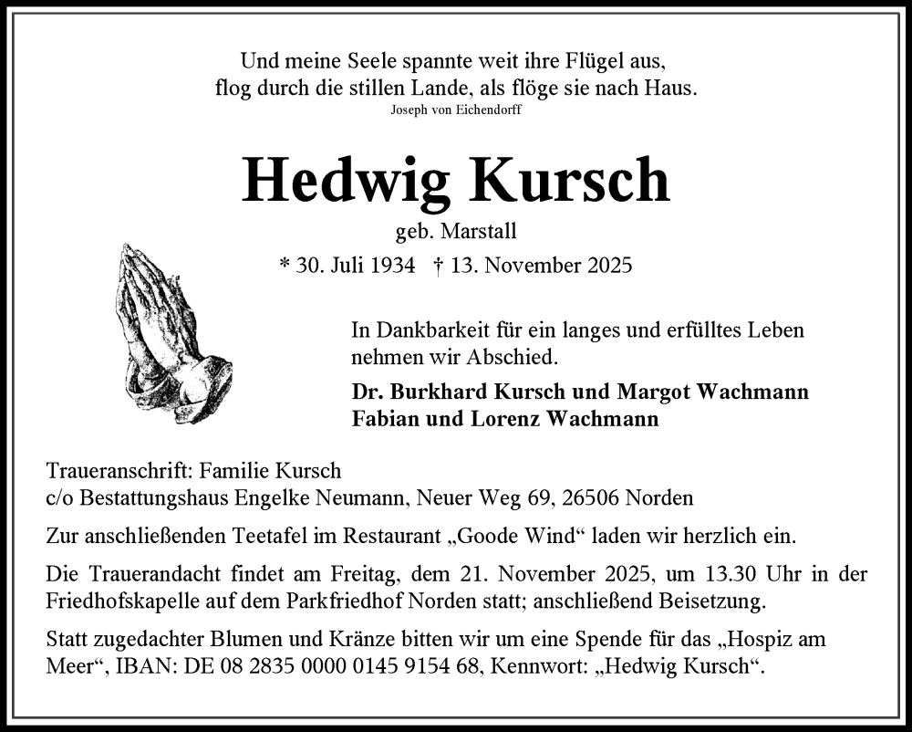  Traueranzeige für Hedwig Kursch vom 18.11.2025 aus Ostfriesischer Kurier
