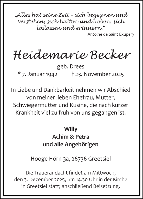 Traueranzeige von Heidemarie Becker von Ostfriesischer Kurier