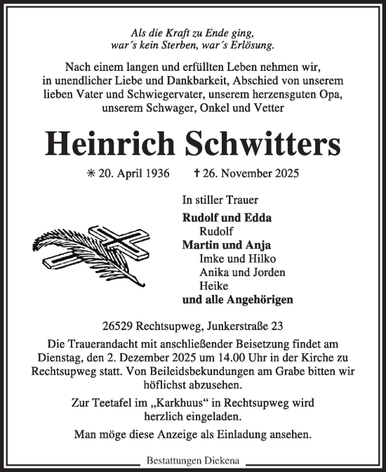 Traueranzeige von Heinrich Schwitters von Ostfriesischer Kurier