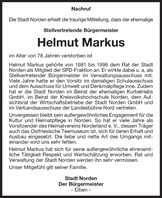 Traueranzeige von Helmut Markus von Ostfriesischer Kurier