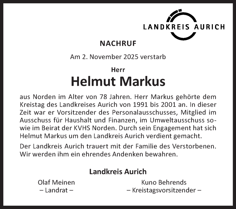  Traueranzeige für Helmut Markus vom 12.11.2025 aus Ostfriesischer Kurier