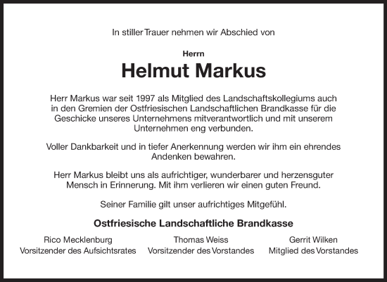 Traueranzeige von Helmut Markus von Ostfriesischer Kurier