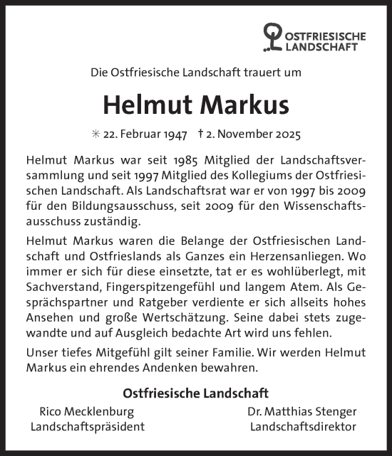 Traueranzeige von Helmut Markus von Ostfriesischer Kurier