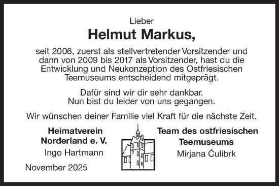 Traueranzeige von Helmut Markus von Ostfriesischer Kurier