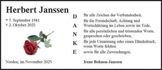 Traueranzeige von Herbert Janssen von Ostfriesischer Kurier