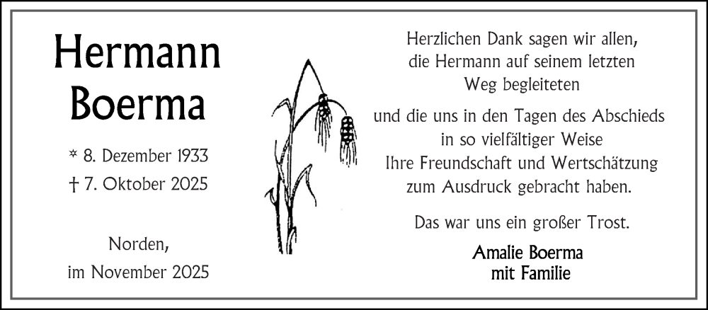  Traueranzeige für Hermann Boerma vom 15.11.2025 aus Ostfriesischer Kurier