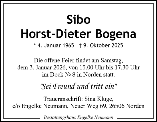 Traueranzeige von Horst-Dieter Bogena von Ostfriesischer Kurier