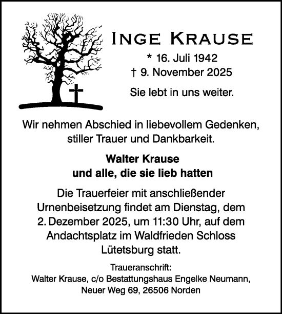 Traueranzeige von Inge Krause von Ostfriesischer Kurier