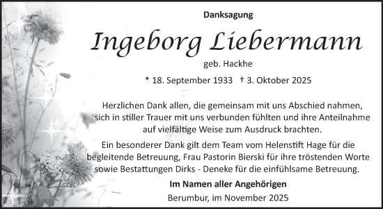 Traueranzeige von Ingeborg Liebermann von Ostfriesischer Kurier