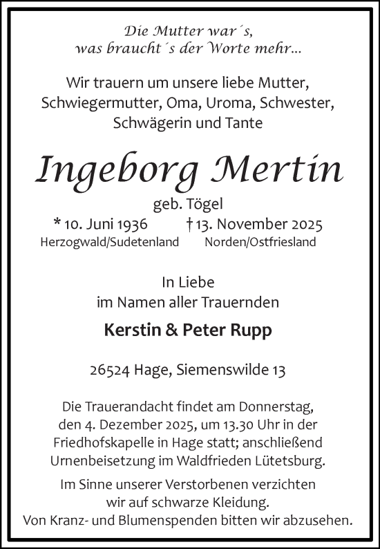 Traueranzeige von Ingeborg Mertin von Ostfriesischer Kurier