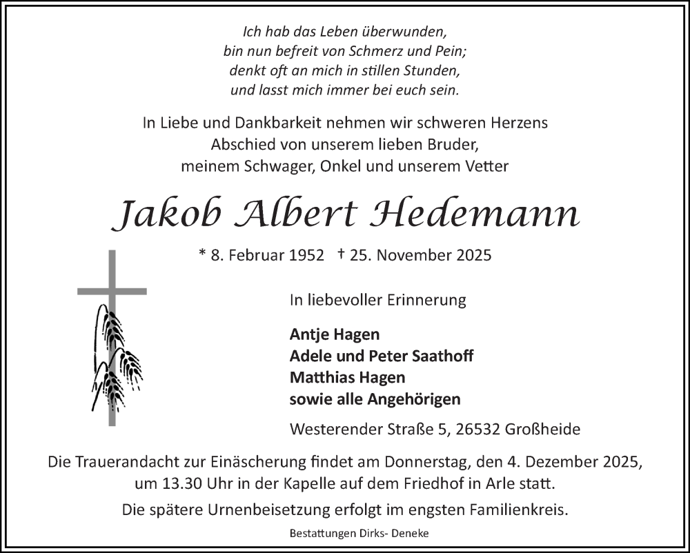  Traueranzeige für Jakob Albert Hedemann vom 29.11.2025 aus Ostfriesischer Kurier