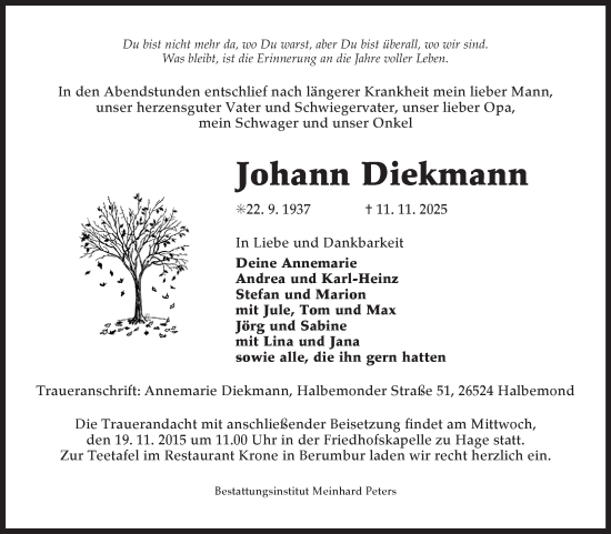 Traueranzeige von Johann Diekmann von Ostfriesischer Kurier