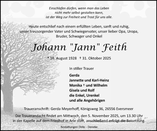 Traueranzeige von Johann Feith von Ostfriesischer Kurier