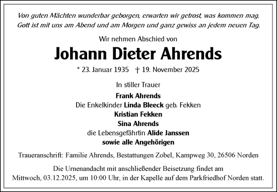 Traueranzeige von Johann Dieter Ahrends von Ostfriesischer Kurier