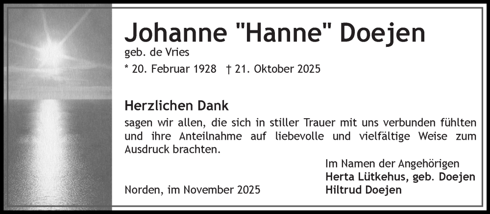  Traueranzeige für Johanne Doejen vom 22.11.2025 aus Ostfriesischer Kurier