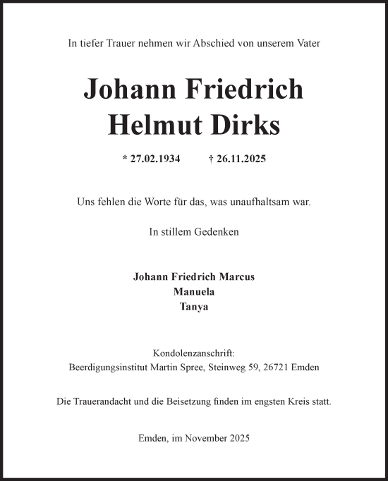 Traueranzeige von Johann Friedrich Helmut Dirks von Ostfriesischer Kurier