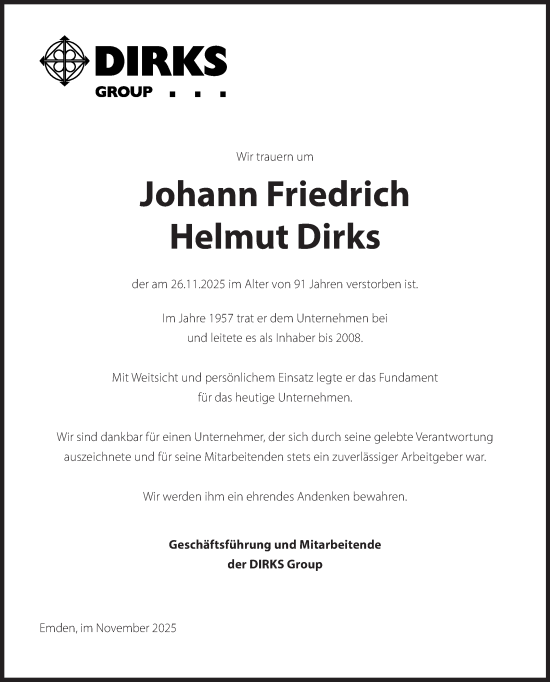 Traueranzeige von Johann Friedrich Helmut Dirks von Ostfriesischer Kurier