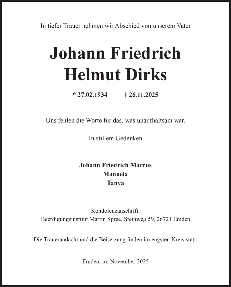  Traueranzeige für Johann Friedrich Helmut Dirks vom 29.11.2025 aus Ostfriesischer Kurier