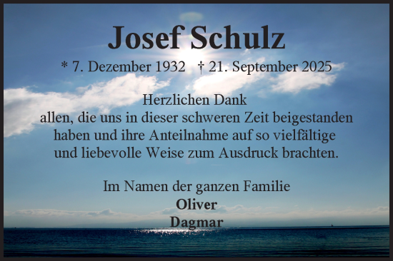 Traueranzeige von Josef Schulz von Ostfriesischer Kurier