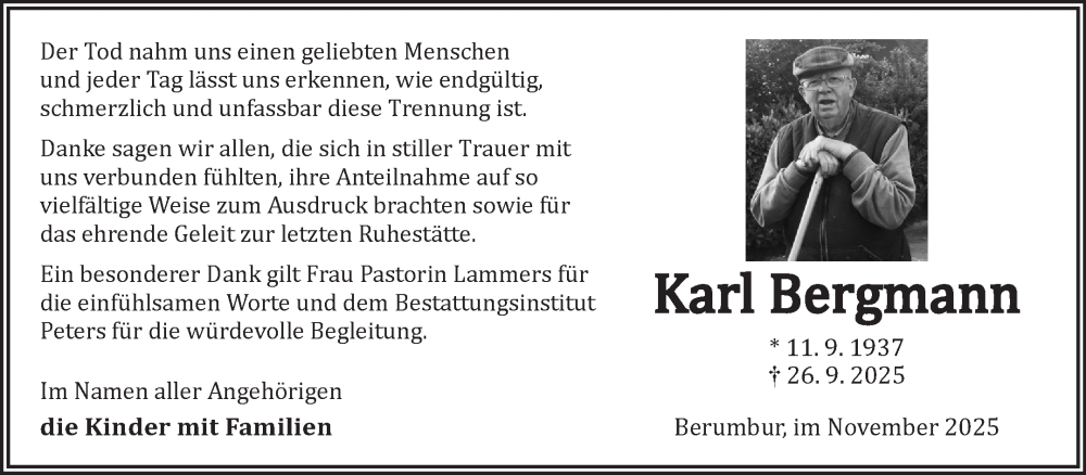  Traueranzeige für Karl Bergmann vom 08.11.2025 aus Ostfriesischer Kurier