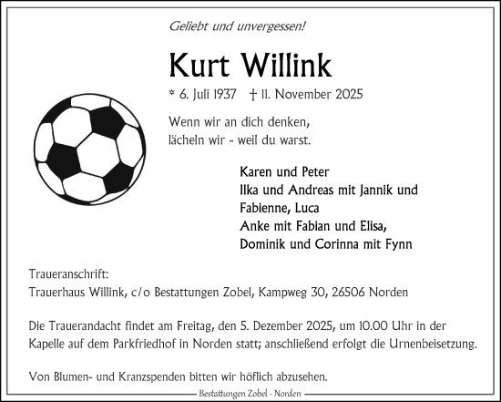 Traueranzeige von Kurt Willink von Ostfriesischer Kurier