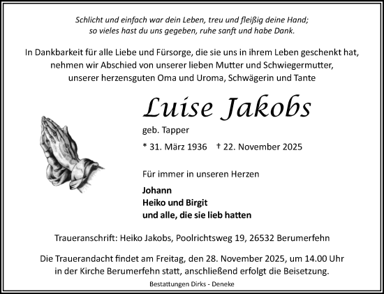 Traueranzeige von Luise Jakobs von Ostfriesischer Kurier