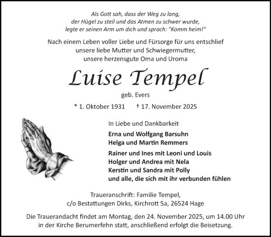 Traueranzeige von Luise Tempel von Ostfriesischer Kurier