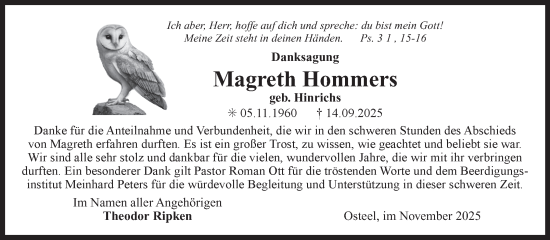 Traueranzeige von Magreth Hommers von Ostfriesischer Kurier