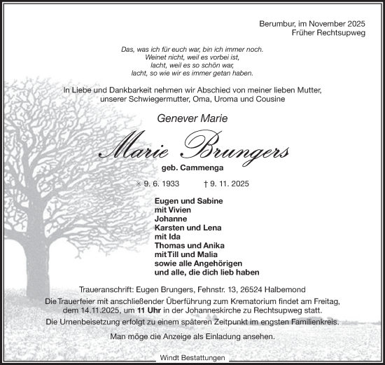 Traueranzeige von Marie Brungers von Ostfriesischer Kurier