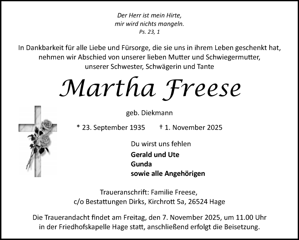  Traueranzeige für Martha Freese vom 05.11.2025 aus Ostfriesischer Kurier