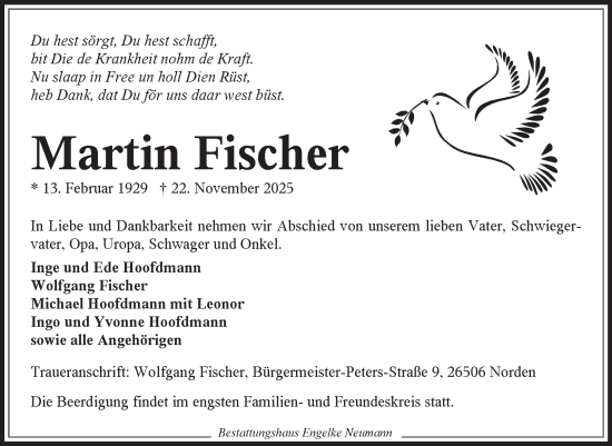 Traueranzeige von Martin Fischer von Ostfriesischer Kurier