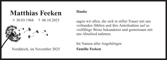 Traueranzeige von Matthias Feeken von Ostfriesischer Kurier