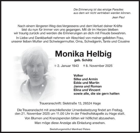 Traueranzeige von Monika Helbig von Ostfriesischer Kurier