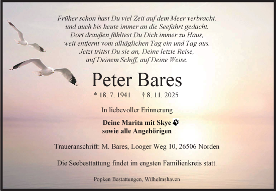 Traueranzeige von Peter Bares von Ostfriesischer Kurier