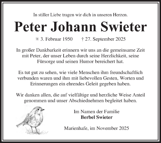 Traueranzeige von Peter Johann Swieter von Ostfriesischer Kurier