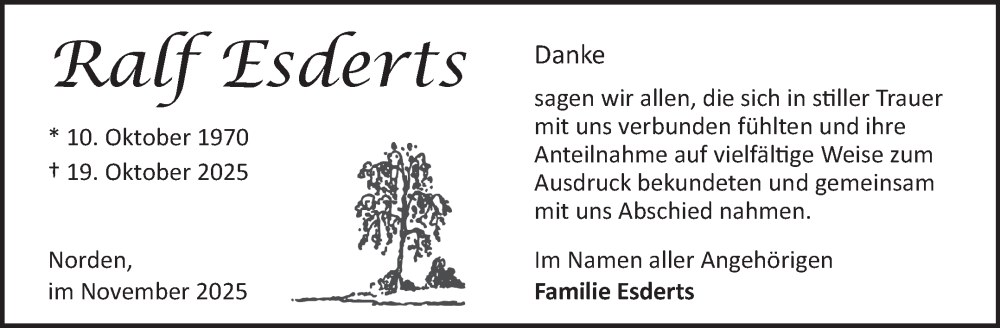  Traueranzeige für Ralf Esderts vom 22.11.2025 aus Ostfriesischer Kurier