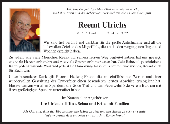 Traueranzeige von Reemt Ulrichs von Ostfriesischer Kurier